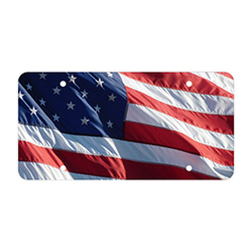 US flag design on a rectangular polyethylene car display plate with four round mounting holes