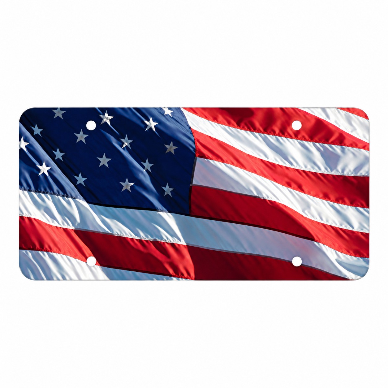 US flag design on a rectangular polyethylene car display plate with four round mounting holes