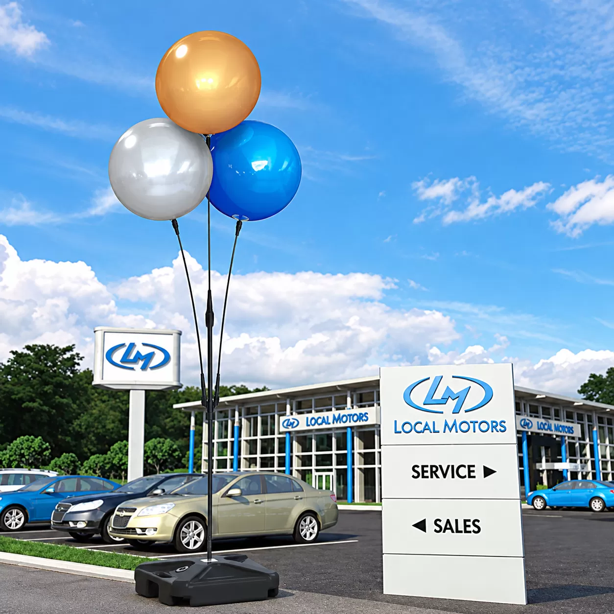 Three DuraBalloons on a cluster pole with a single weighted base beside a dealership